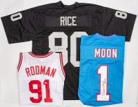 Three (3) Signed Jersey's: Warren Moon, Jerry Rice and Dennis Rodman all Certified