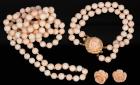 Lady's Soft Pink Coral Ensemble, Earrings, Necklace and Bracelet with Large 14K Yellow Gold Clasp