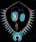 Collection of Sterling Silver Navajo Jewelry: Squash Blossom Necklace, Matching Ring & Outstanding Bola by Thomas Francisco