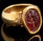 Roman Carnelian Intaglia of Fortuna Standing Right Holding Cornucopia and Ears of Corn--Late Roman Period, 4th-5th Century AD