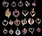 21 Lady's Heart Shaped Pendants, 9 in 14K Gold, 12 in 10K Gold, Many with Accent Diamonds and Sapphires