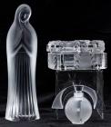 Lalique Crystal:1994 Art Deco Flacon in Original Box and "Corfou" Crystal Lidded Box and Virgin Mary Figure