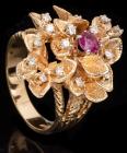 Lady's Elegant, 14K Yellow Gold, Diamond and Ruby Cocktail Ring