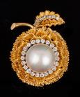 Lady's 14K Yellow Gold, Pearl and Diamond Floral Brooch