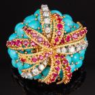 Vintage Depose (French) Jeweler 14K Yellow Gold, Diamond, Ruby and Turquoise Brooch in Shape of Sea Urchin