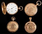 Four 14 Karat Yellow Gold Closed Case Pocket Watches: Hampden, American Waltham, American Watch Co., and Nardin & Cie