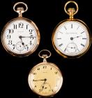 Three Open Face Pocket Watches, 14 and 18+ Karat Yellow Gold: Alpina and Elgin