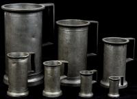 Seven Graduated, Late 19th Century French Pewter Measuring Tankards