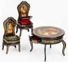 Russian Lacquer Boxes: Stunning Table and Chair Set Resplendent In Handpainted Folklore Scenes, Rare