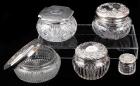 Five Antique Sterling Silver and Crystal Vanity or Dresser Powder Jars