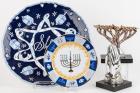 Appealing Collection of Judaica: Karshi Sterling Silver Menorah and Matching Prayer Hands Sculpture Plus Porcelain Hannukah Plat