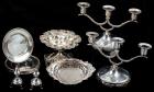 Fine Entertaining: Pair of Sterling Silver Three-Arm Candelabras, Compote, Nut Dish, Salt and Pepper and 6 Dessert Plates