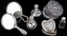 Seven Vintage, Lovely Crystal and Sterling Silver Dresser Items Including the Lalique "Roger" Powder Box