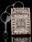 The Gilded Age: Lady's 14K White Gold, Diamond and Ruby Lorngette and Sterling Silver Filigree Calling Card Case