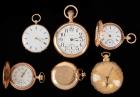 Six Assorted Not Running 14 Kt. Yellow Gold Pocket Watches, 440 Gr. Total