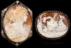 Two (2) Outstanding Carved Shell Cameo Brooches: The Abduction of Helen of Troy and Khloris, Goddess of Flowers.