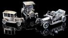 3 Die Cast Models of Vintage Cars: 1906 Rolls Royce in Sterling Silver, 800 Silver Model T and 1909 Opel Coupe