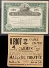 Charlie Chaplin: Unissued Stock Certificate for The Chaplin Studios ca. 1910 and 1915 Essanay Studios Hand Bill