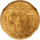 Switzerland. 10 Francs, 1922-B NGC MS64 - 2