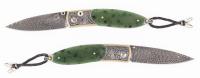 William Henry Knife: Striking Sterling Silver with Inlaid Gold Handle Inset with Green Jade and Hand Forged Damascus Steel Blade