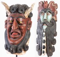 Two (2) Outstanding Polychrome Carved Wood Festival Masks from Guerrero, Mexico, Mid 20th Century