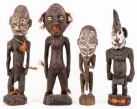 Four Striking Sepik River, Papua New Guinea Hand Carved Wood Spirit Sculptures With Shells, Raffia, Ocher and Other Organic Pigm