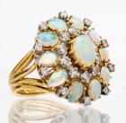 Lady's 18K Yellow Gold, Opal and Diamond Cluster Ring Having Superb Color and Fire