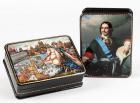 Russian Lacquer : Tsar Peter The Great, Emperor of All Russia; Two Outstanding Hand Gilt Russian Decoupage Boxes