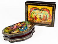 Russian Lacquer Box: One Vintage, Elaborately Hand Painted Box From Mstera, One from Fedoskino of Magic Carpet and Firebird