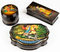 Russian Lacquer Boxes: Three Lovely Examples of Russian Lacquer from Fedoskino Including Box with Exceptional Folklore Art