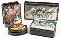 Russian Lacquer Boxes: Four Gorgeous Seasonal, Wintry Scenes Including a Fantastic Russian Santa "Ded Moroz" and Snowman