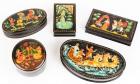 Russian Lacquer Boxes: Five Beautiful Boxes of Various Shapes, Four From Palekh, One from Fedoskino.