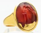 Authentic, Ancient, Hellenistic Carnelian Intaglio Featuring Female Figure with Owl, Likely Athena and Set in 22K Gold Ring in t