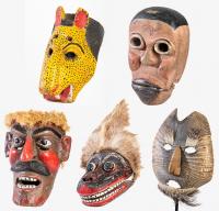 Five Masks: (4) Polychrome Carved Wood Festival Masks from Guerrero, Mexico, Mid 20th Century and One Made from Ayotochtli