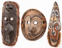 Three (3) Large Sepik River, Papua, New Guinea Hand Carved Masks: Wood, Woven Cane, Raffia, Organic Pigments and Cowry Shells