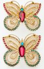 Elegant Pair of 18K Yellow Gold, Ruby and Persian Turquoise Butterfly Brooches, ca. 1950s