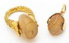 Achaemenid Design Ring in 22K Yellow Gold and Sasanian Design 14K Gold Pendant Both Having Carved Agate Intaglios