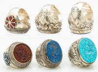 Six (6) Large, Vintage Men's Carved Intaglio Rings Boasting Persian Turquoise, Lapis Luzuli and Carnelian