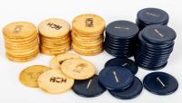 97 Vintage Gaming Tokens from Uruguay: 36 Light Brown, RCH or CS, 61 in Dark Blue with "1" Etched in Each