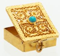 Stunning, Vintage, Miniature, 14K Yellow Gold Prayer Box Pendant with Intricate Scrollwork Accented with Persian Turquoise Caboc