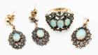 18K Yellow Gold and Opal Ensemble; Pendant, Ring and Earrings with Opals Boasting Fine Color and Fire