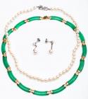 Two Lady's Necklaces: 14K Yellow Gold and Jade and One Strand of Mikimoto Cultured Pearls