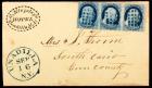 1861 1c blue, type I Strip-of-3 On Cover (Sc 18)