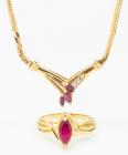 Lady's Ensemble of 14K Yellow Gold and Ruby Pendant Necklace with Matching Ring