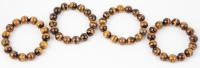 Casual Travel and Good Fortune: Four (4) 14mm Natural Tiger Eye Bead Bracelets in Individual Embroidered Zippered Silk Pouches