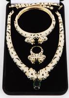 Traveling Jewelry: Swell White and Green Crystal and Black Enamel Jaguar Jewelry Ensemble, Ring, Bracelet and Necklace, New in G