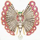 Spectacular, Antique Butterfly Brooch In 18K Yellow and White Gold, Diamonds, Rubies and Pearls