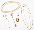 Mix of Lady's Jewelry: 3 Gold Chains, Two Pendants, One Cameo and Majorica Pearls