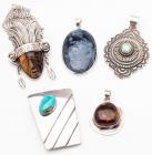 Silver and Turquoise Pendants and Pendants of Carved Tiger's Eye, Amber and Agate