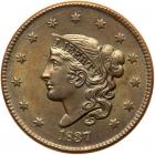 1837 N-14 R2 Plain Hair Cord, Med Ltrs PCGS UNC Detail Questionable Color